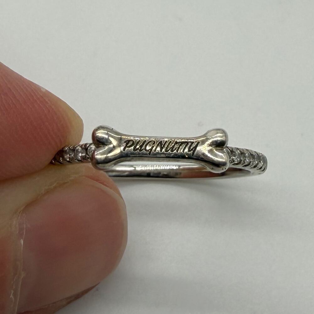 "Pugnutty" S925 Sterling Silver Dog Bone Ring Size 8.75 Pug Lover CZ Accent Band